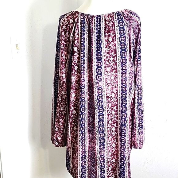 Fred David Purple, Pink, Navy Print Peasant Top with Tie at Neckline, Size 1X - Picture 7 of 9